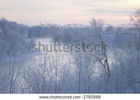 winter morning view with snowy trees and river