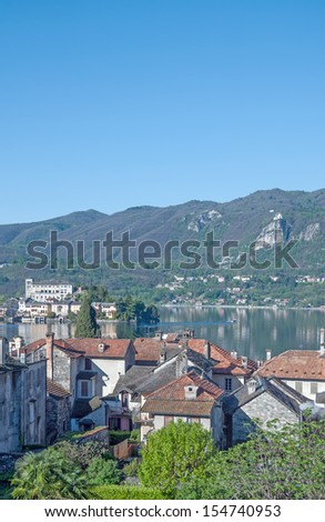 View from Orta San Giulio to Isola San Giulio at Lake Orta,Piedmont,Italy