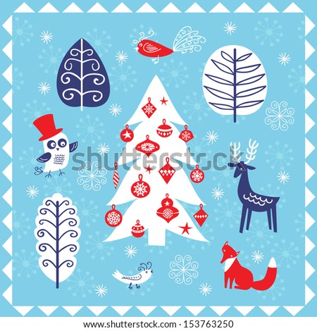Happy holidays, Christmas and New Year greeting card with Christmas tree, birds and animals. Vector illustration.