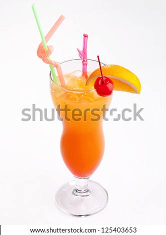 Tequila Sunrise in hurricane glass on isolated white background