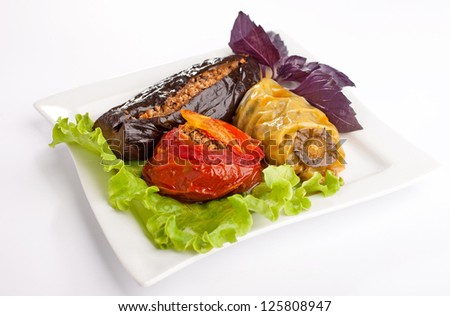 Stuffed vegetables on the plate on isolated white background