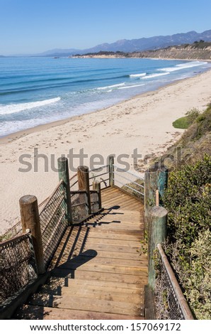 Stairs Leading Down To The Beach And Pacific Ocean Near Santa Barbara, California. A Coastal Scene Photographed At Rincon Park.