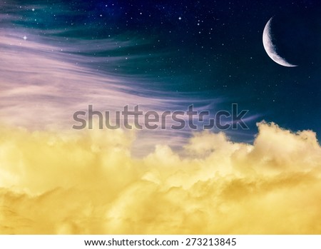 Soft yellow and pink clouds with a crescent moon and stars at night.  This fantasy Image displays a distinct but pleasing paper grain and texture at 100 percent for added depth.