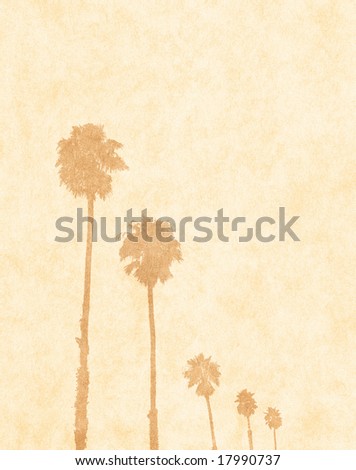 Palm tree silhouettes on a paper background.