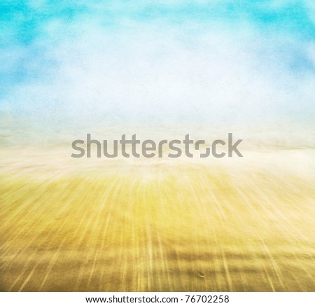 A vintage coastal seascape with background fog and sky, and blurred water motion with a textured paper overlay.  Image displays an attractive paper grain and fibers at 100%.