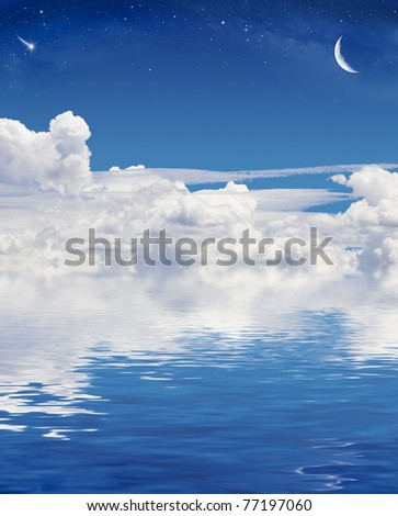 A crescent moon and shooting star above a sky of clouds reflected in a calm sea.