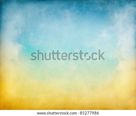 Fog, mist, and clouds with a yellow to blue gradient.  Image has a textured paper overlay and grain pattern visible at 100%.