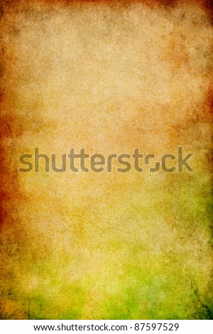 Vintage paper with stains, gritty grunge patterns, and a green to red gradient.  Image displays a distinct paper grain and texture at 100%.