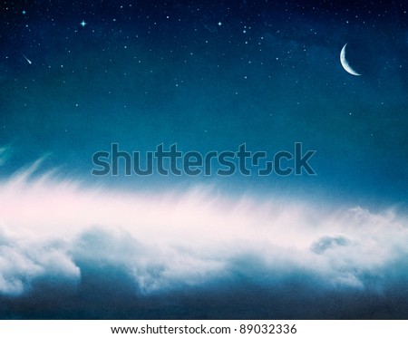 A fantasy cloudscape with stars and a crescent moon with subtle pink highlights.  Image has a pleasing paper grain and texture at 100%.