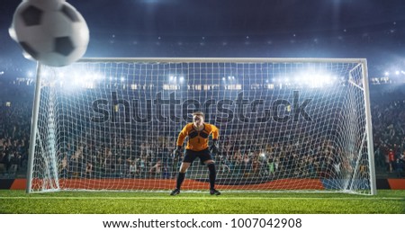Soccer goalkeeper in action on the soccer stadium. He wear unbranded sports clothes. Stadium and crowd made in 3D.