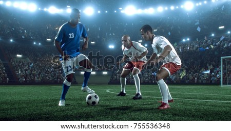 Soccer game moment on the soccer stadium. Soccer players wear unbranded sports clothes. Stadium and crowd made in 3D.