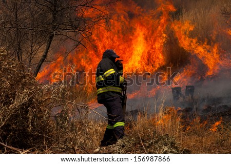 A fire fighter attending to a brush fire