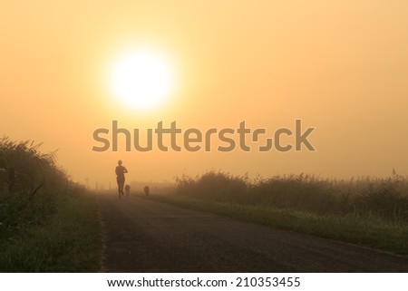 Woman and her dogs running in the fog on a sunny morning.