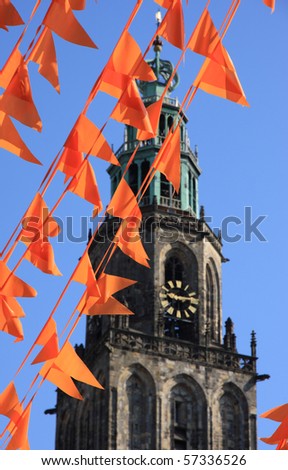 Orange flags (also used at queens day in Holland) in front of the Martinitoren at the world cup soccer.