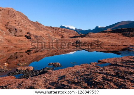 Clear skies on mountain lake and red earth