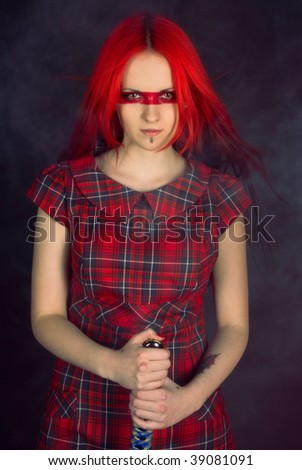 red hair japan. stock photo : Girl with red hair and a Japanese sword