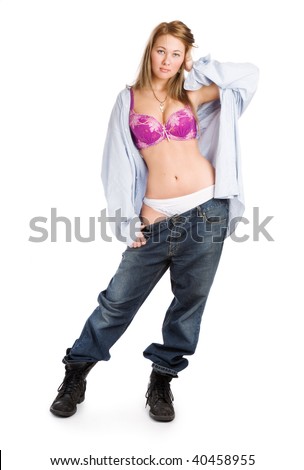 stock photo Girl in jeans and white panties on white