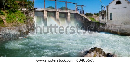Hydroelectric power plant generates electricity. Construction on the river Chemal, Altay, Russia