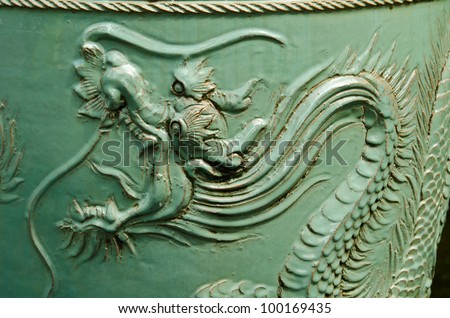Old Chinese urn with a dragon pattern. Dragon is a sacred animal that Chinese people respect.