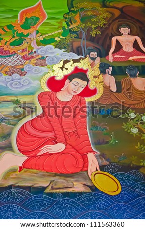 BANGKOK, THAILAND - MAY 10: Ancient Mural painting of Buddha beside the river in Wat Soithong on May 10, 2012. Wat Soithong is a famous temple in Thailand and open free for travelers to photograph.