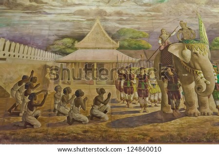 BANGKOK, THAILAND - NOVEMBER 20: Ancient Mural painting of beggars ask for king mercy in Wat Rachativas on November 20, 2012. Wat Rachativas is an ancient temple famous temple in outskirt of Bangkok.
