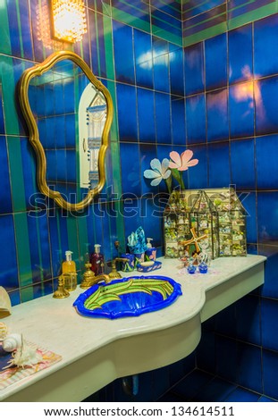 Luxury toilet bathroom, decorate in marine style interior in rich wealthy house