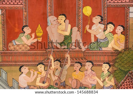 BANGKOK, THAILAND - JUNE 28: Ancient mural painting of Thai harem in medieval times 200 years ago in Hilton hotel on June 28, 2013.
