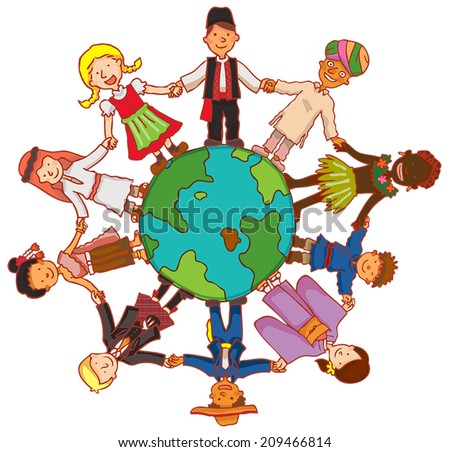 Friendship beyond frontier with people and children from all culture and costume all over the world hold hands together in a circle around the earth. It\'s a peace concept, create by cartoon vector