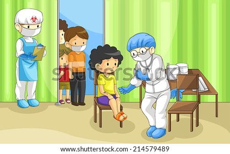 Specialist physician doctor is examining group of people and children with virus ebola disease on hospital quarantine zone in full protection to prevent epidemic, create by cartoon vector