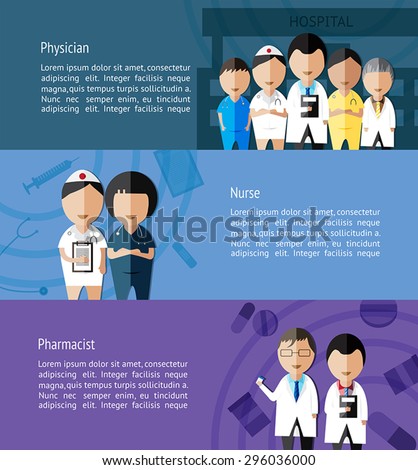 Physicians such as doctor, nurse, and pharmacist and health care profession info graphic banner template layout background designed for website, create by vector