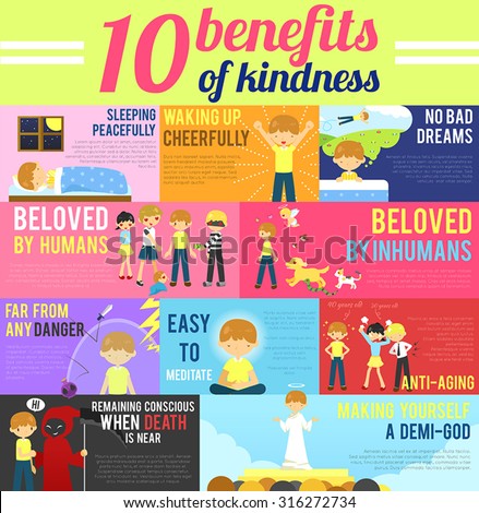10 benefits advantage of love and kindness in cute cartoon infographic banner template layout background design for self-improvement education, religion, and morality purpose, create by vector