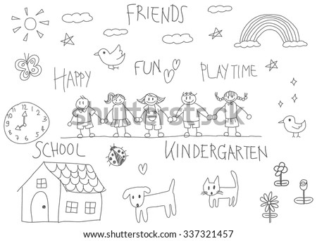 Children doodle drawing of a friend and kid imagination icon such as animal cat dog pet house flower rainbow and star in happy cartoon character in isolated background with handwriting text (vector)