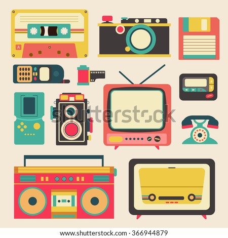 Old retro media communication technology such as mobile phone camera radio television diskette casette tape pager and loudspeaker amplifier flat icon design, create by vector
