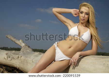 beautiful young adult attractive and sensuality pretty blonde woman in white bikini posing on a log on the beach