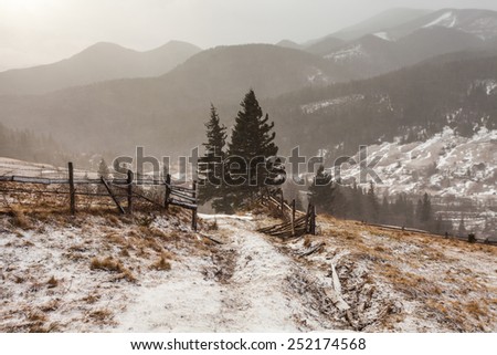 Snowy mountains before storm. The Ukraine landscape