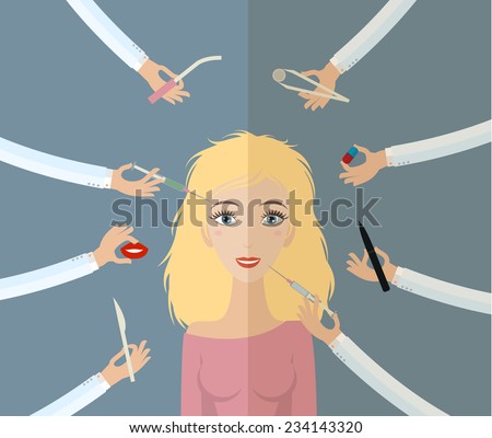 Healthcare, beauty and medicine concept - hands with tools plastic surgery around face of woman. Flat style, vector illustration