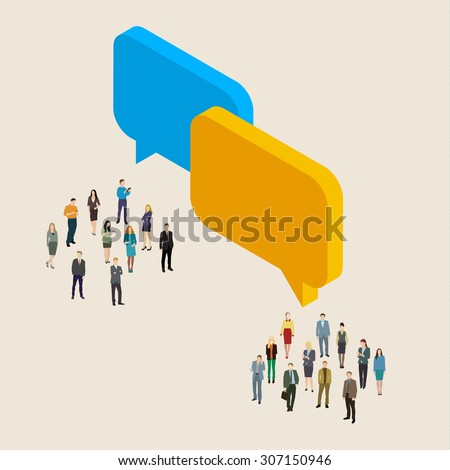Internet online technology concept. Groups of micro people and chat callout signs.  Flat design, vector illustration.
