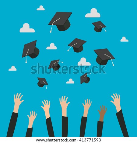 Concept of Education. Graduates Throwing Graduation Hats in the Air. Celebration Education Graduate Student Success. Flat design, vector illustration.