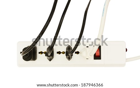 Plug in on the power strip with turn off, on white background.