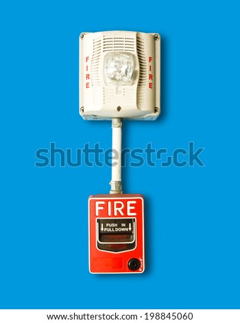 Red fire alarm and siren set on the blue background.