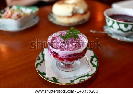 Plate of beetroot salad in a russian restaurant