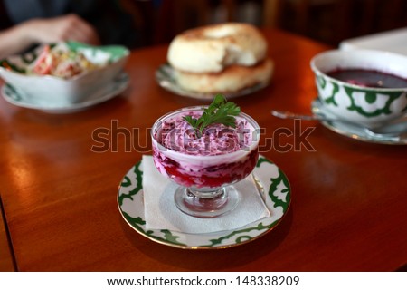 Beet salad with mayonnaise in a russian restaurant