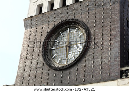 Clock tower of church of the Sacred Heart of Jesus in Prague