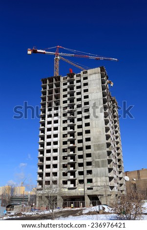 Apartment building under construction in winter, Moscow, Russia