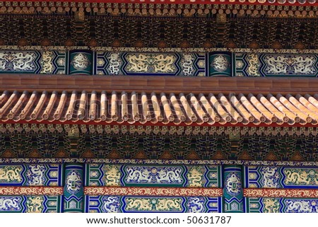 Patterned wall of temple in forbidden city was the Chinese imperial palace. It is located in Beijing, China.