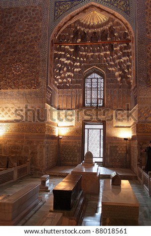 Marble tomb in Guri Amir. It is a mausoleum of the Asian conqueror Tamerlane in Samarkand, Uzbekistan
