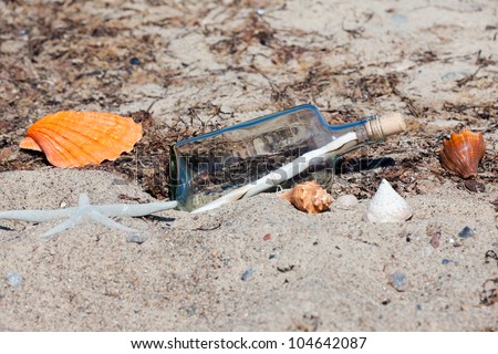 Message in a bottle on the beach with seashells and starfish