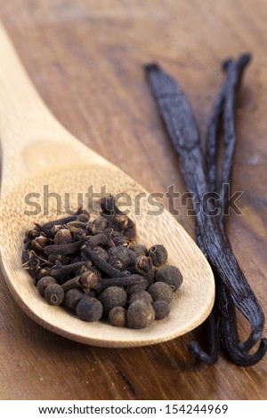 Cloves and Pimento Spices on a wooden Spoon with Vanilla Beans beside that