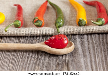 Red hot Habanero chili pepper on a cooking spoon and other chili peppers on a jute cloth