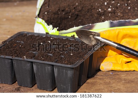 Plant trays, potting soil and gardening gloves standing on a wooden table in the garden